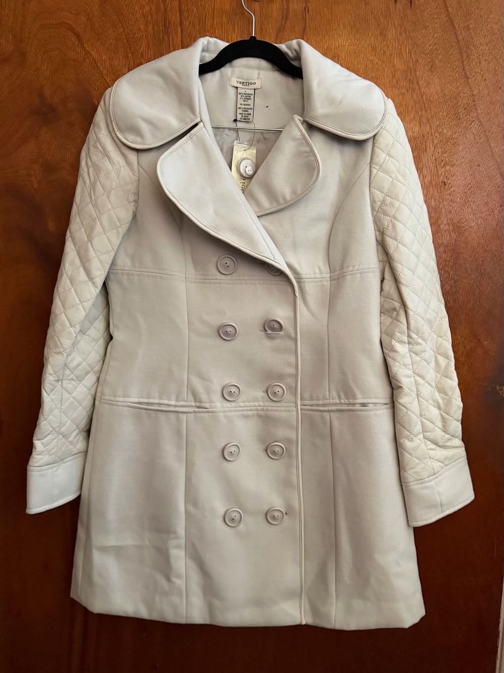Vertigo Paris Cream Double-Breasted Peacoat with Quilted Sleeves